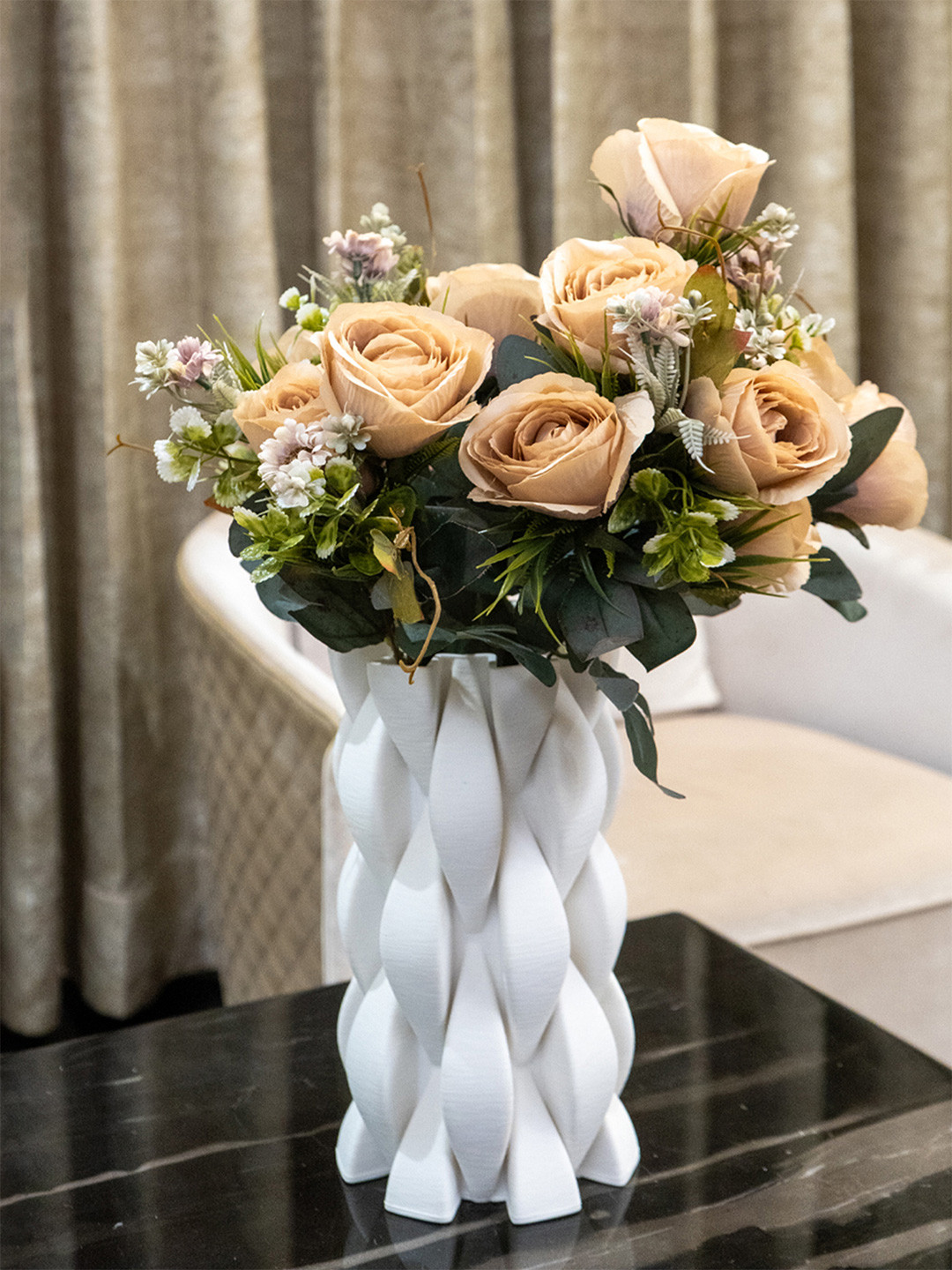 AARVI DECOR STUDIO Beige Rose Silk Bunch Artificial Flower