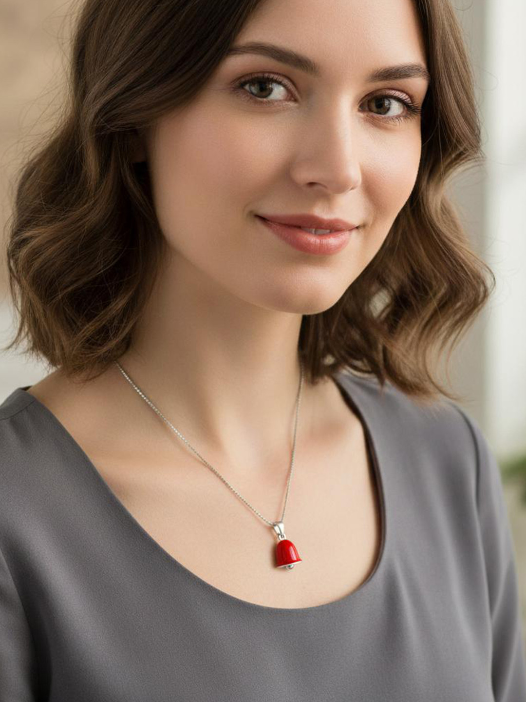 925 SILLER 925 Sterling Silver Rhodium-Plated Bell Shaped Pendants With Chains