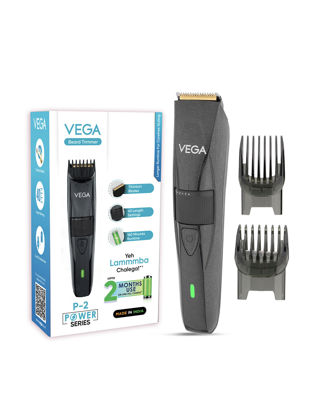 VEGA Men P2 Battery Powered Beard Trimmer with 160Min Runtime & 40 Length Settings VHTH-26