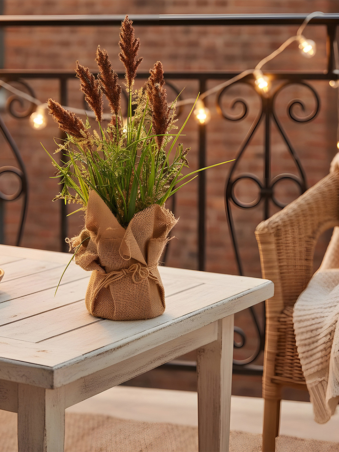 AARVI DECOR STUDIO Brown & Green Faux Pampas Grass Artificial Flower With Pot