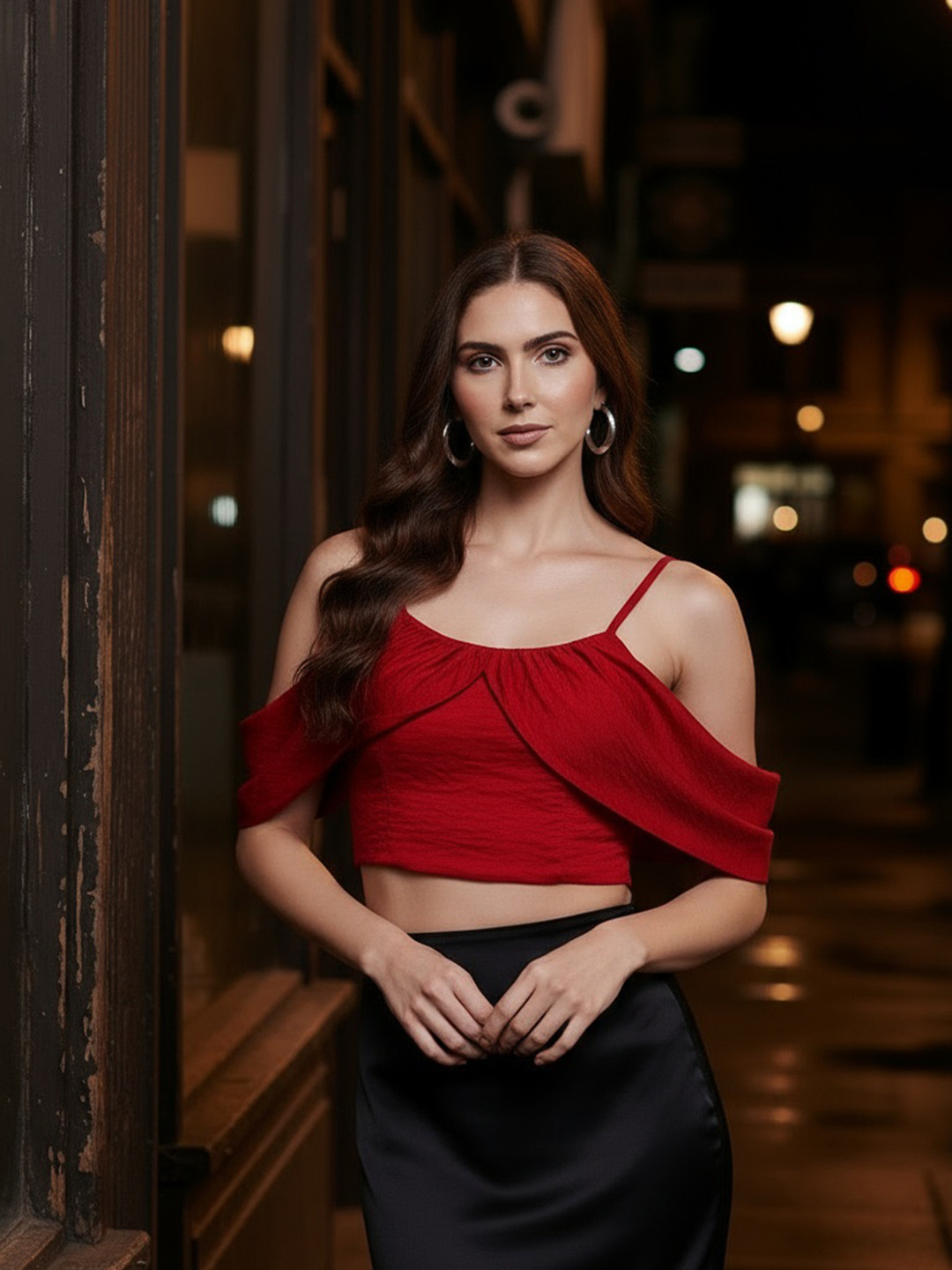 bebe Cherry Red Drape Sleeves Fitted Crop Top