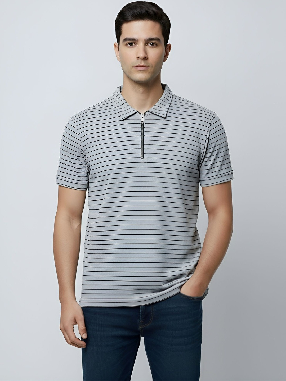 DEKLOOK Men Striped Polo Collar T-shirt