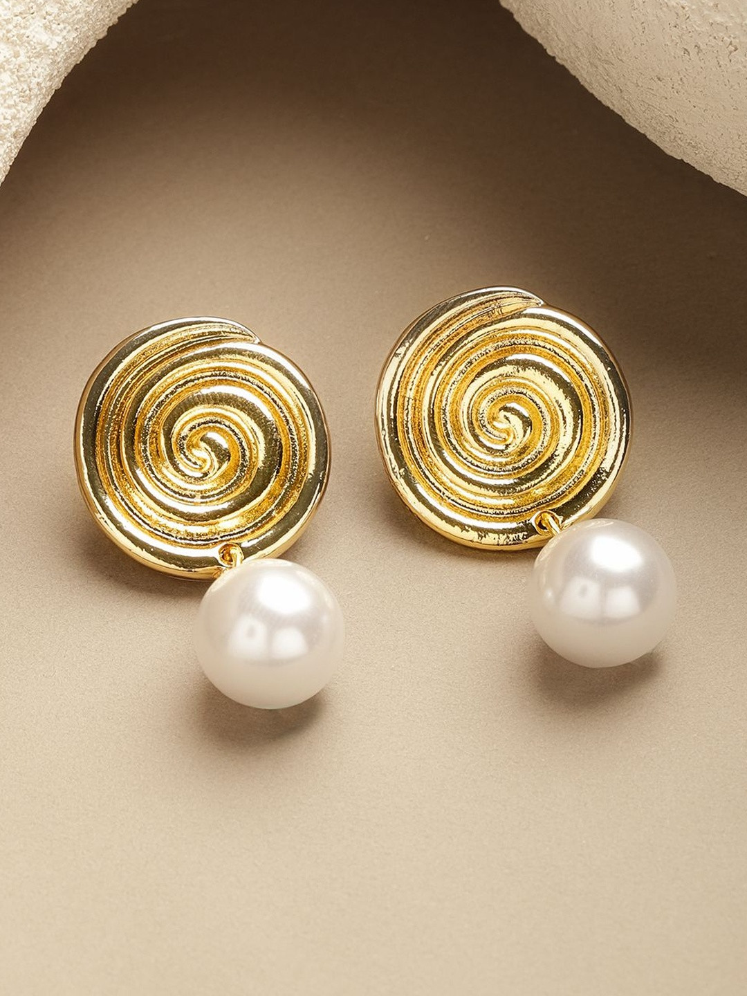 Rubans Voguish 18K Gold-Plated Spiral Motif with Pearl Drop Earrings