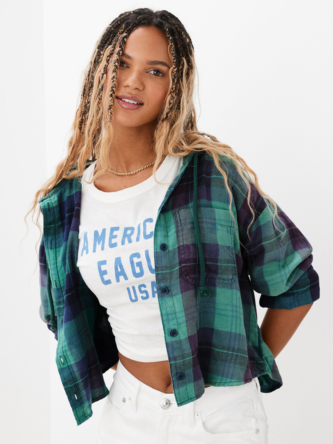 AMERICAN EAGLE OUTFITTERS Women Green Tartan Checks Checked Casual Shirt