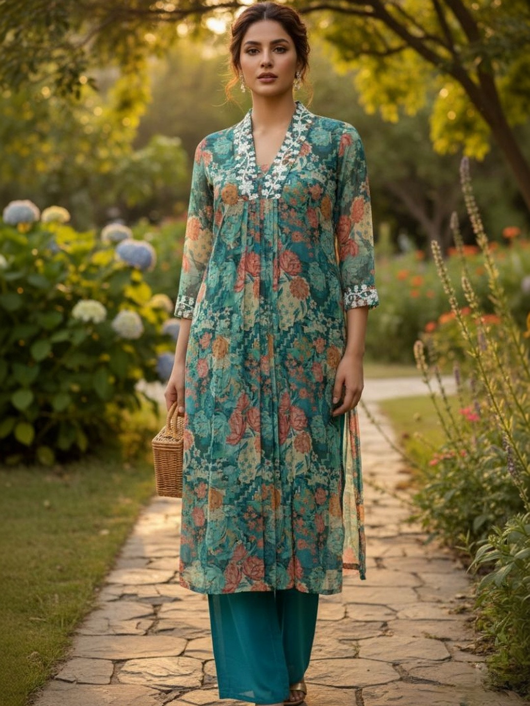 Santati Women Floral Printed Regular Chikankari Kurta with Palazzos