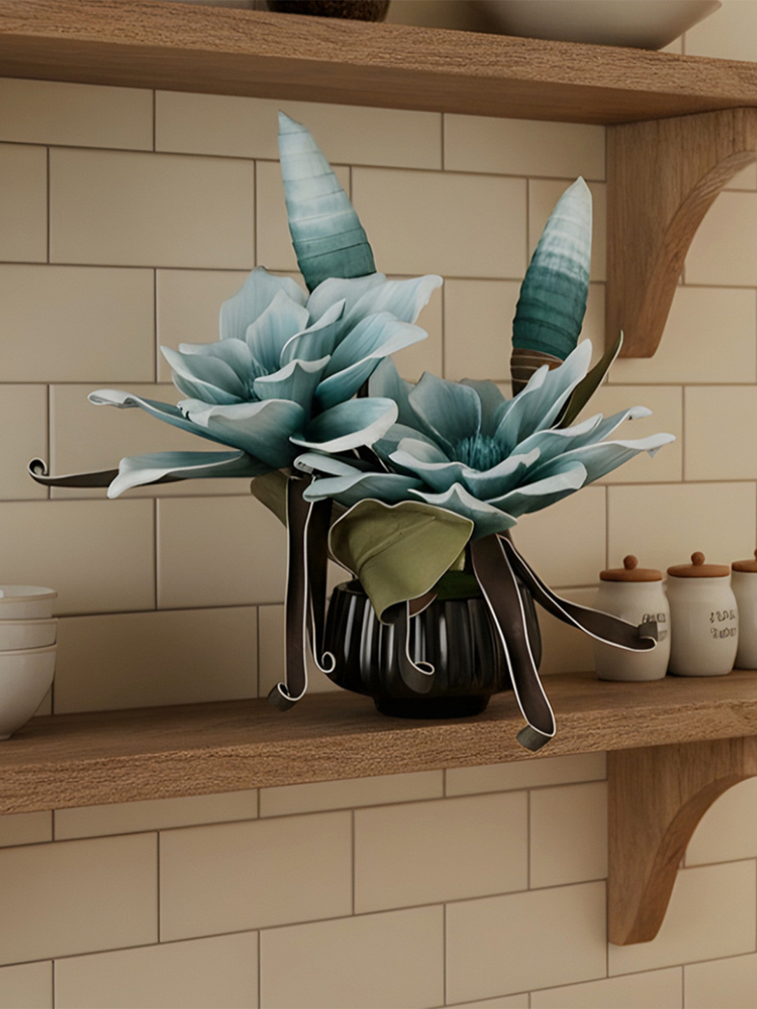 AARVI DECOR STUDIO Blue Magnolia Artificial Flower With Pot