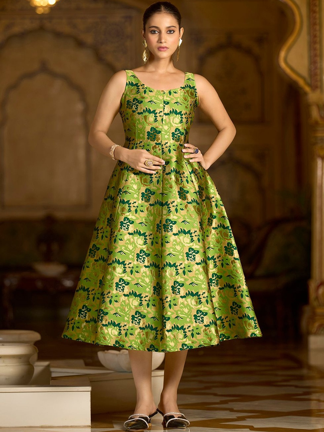 OBSHIVKA Floral Print Jacquard Fit & Flare Midi Dress