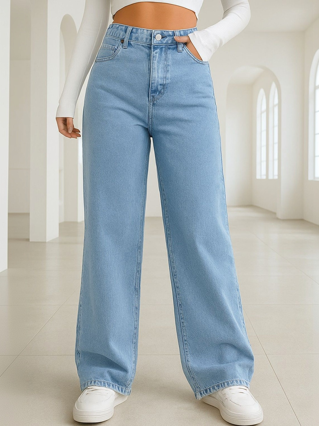 KASHIAN Women Loose Wide Leg High-Rise Light Fade Stretchable Jeans