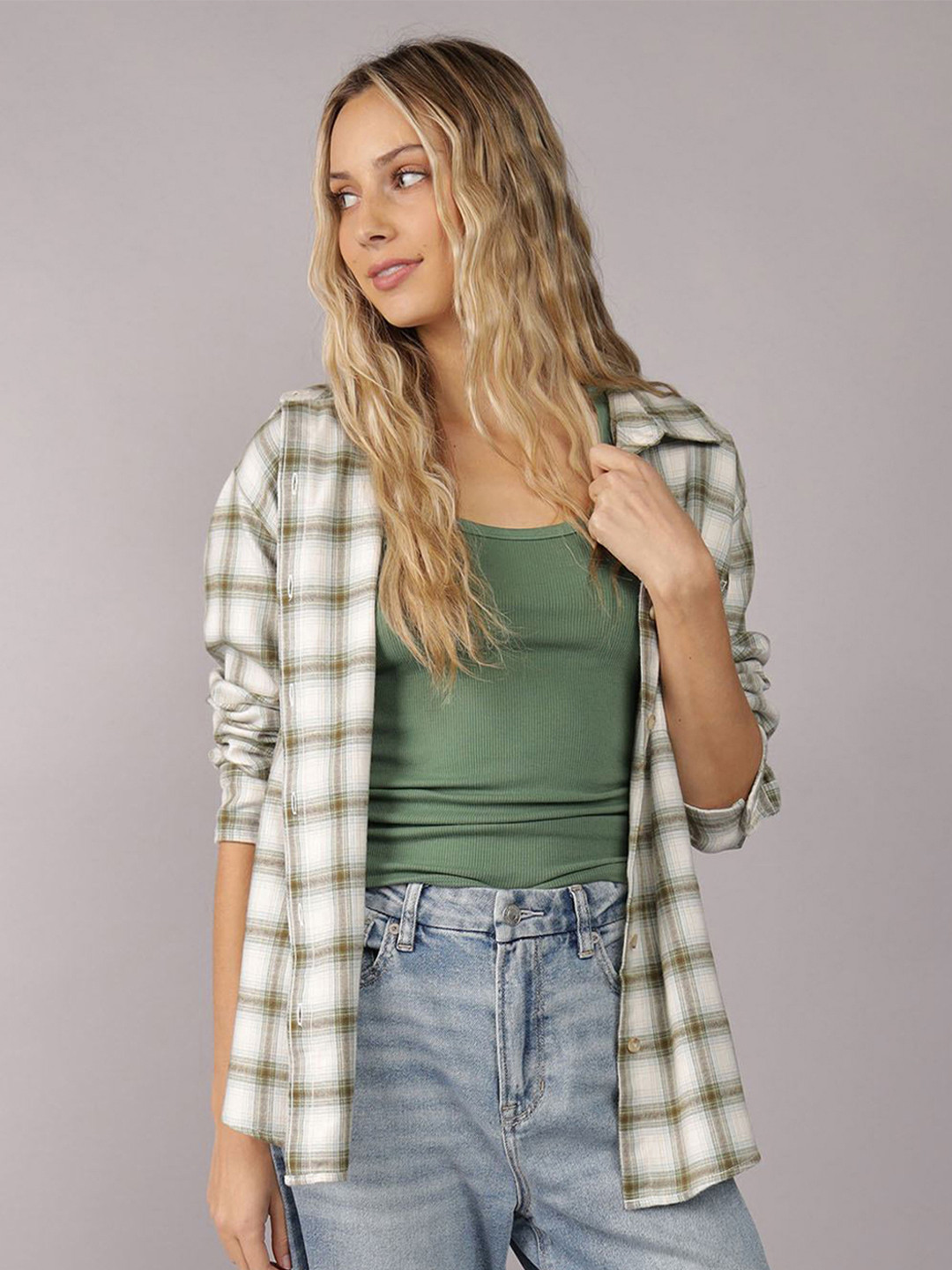 AMERICAN EAGLE OUTFITTERS Women Oversized Fit Tartan Checked Cotton Casual Shirt