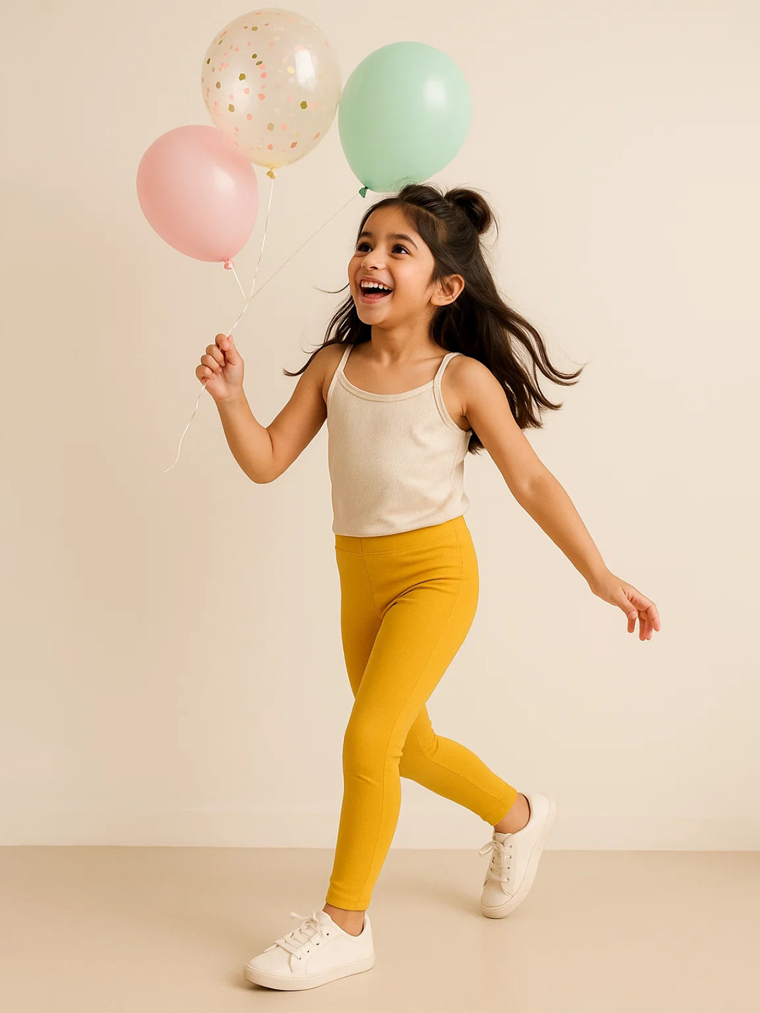 TALES & STORIES Girls Yellow Solid Cotton Ankle-Length Leggings