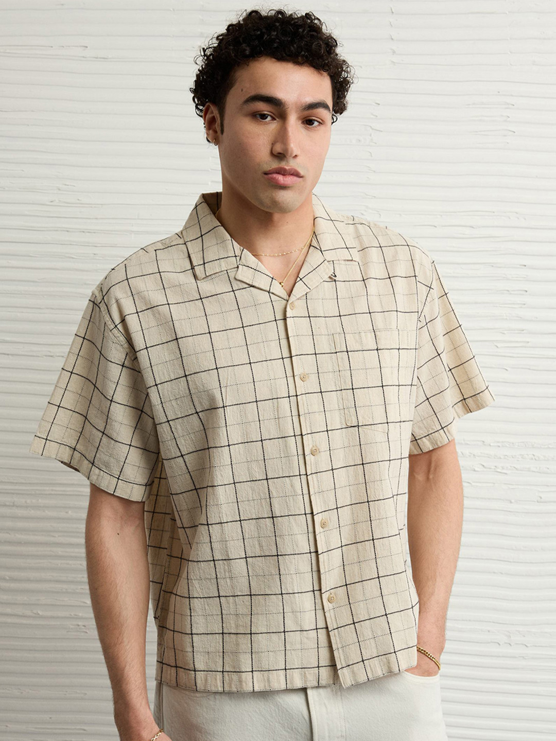 AMERICAN EAGLE OUTFITTERS Men Windowpane Checked Cuban Collar Casual Shirt