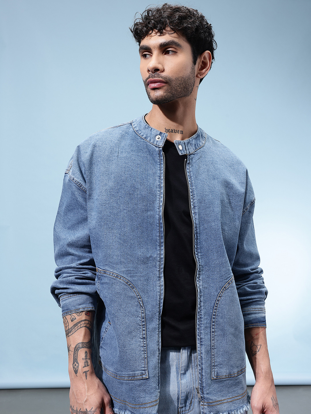 glitchez Mock Collar Drop-Shoulder Sleeves Relaxed Fit Denim Jacket with Frayed Hem