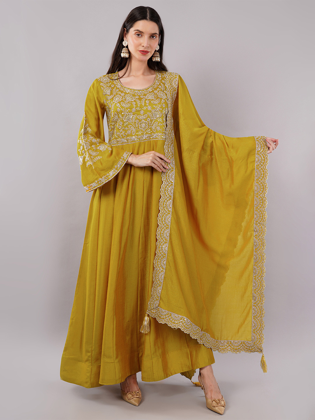 dhartii Women Yellow Heavy Embroidered Dori Work Anarkali Kurta with Dupatta