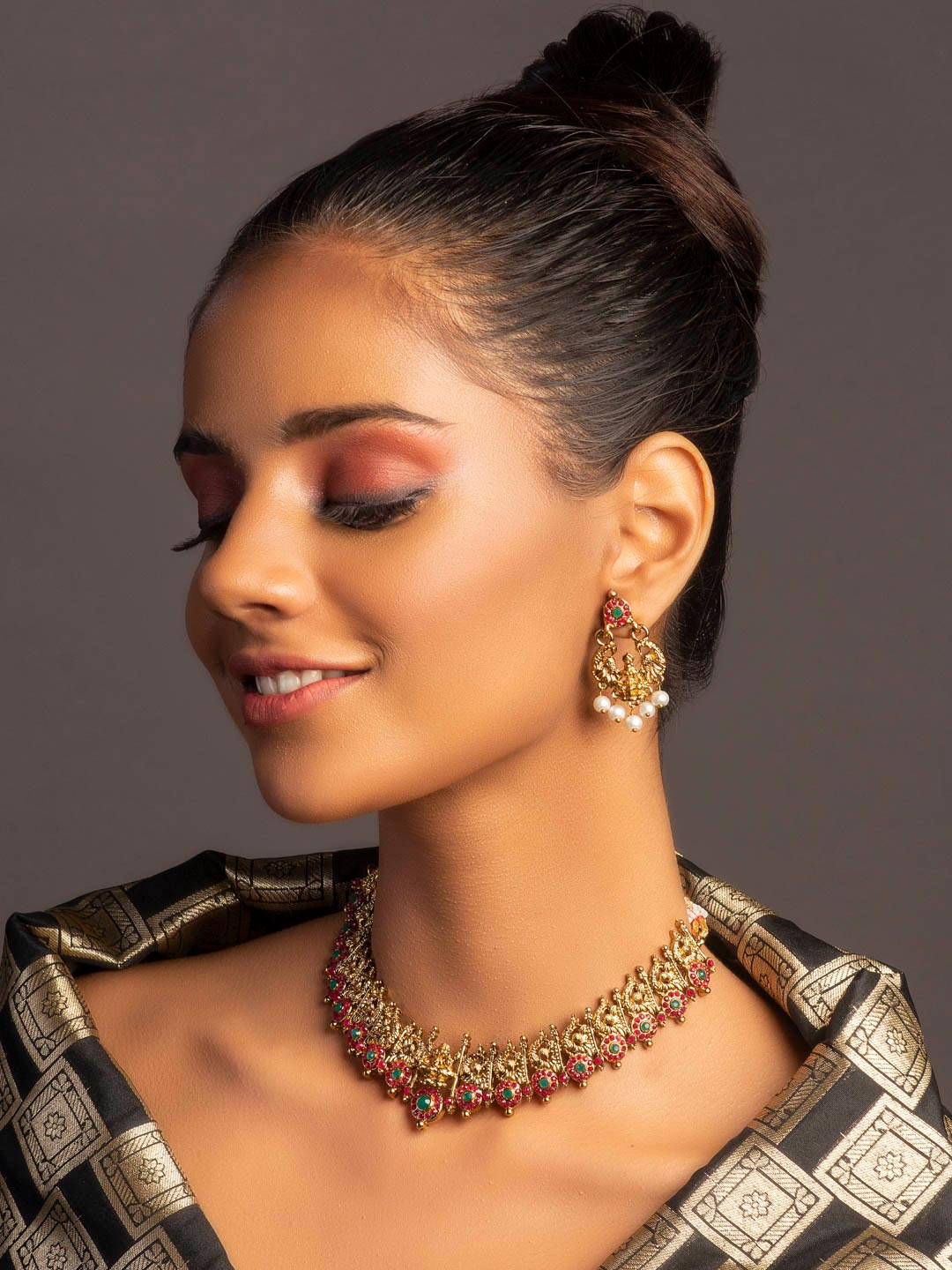 Fida Gold-Plated Fuchsia Pink & Green Stone-Studded & Beaded Temple Jewellery Set