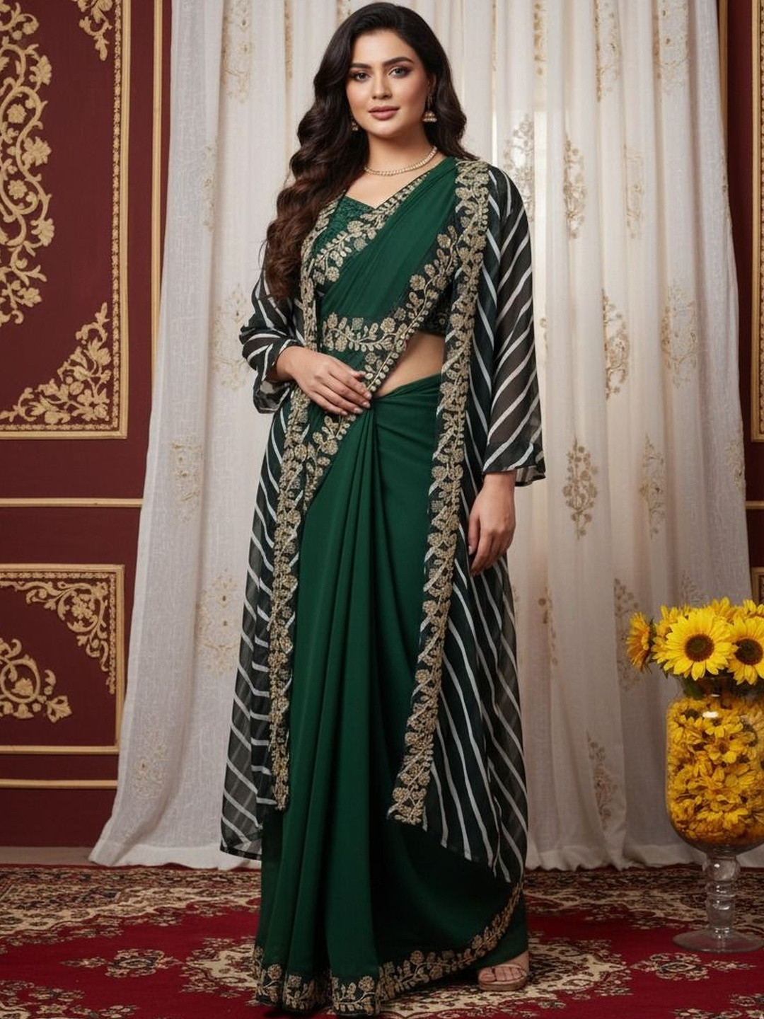 krisha fashion Embellished Embroidered Poly Georgette Heavy Work Saree