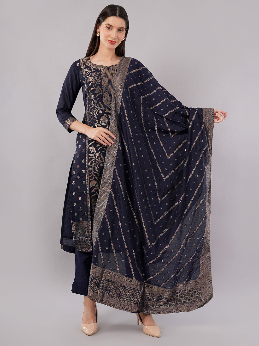 dhartii Women Navy Blue Brocade Banarasi Kurta with Pants & Dupatta