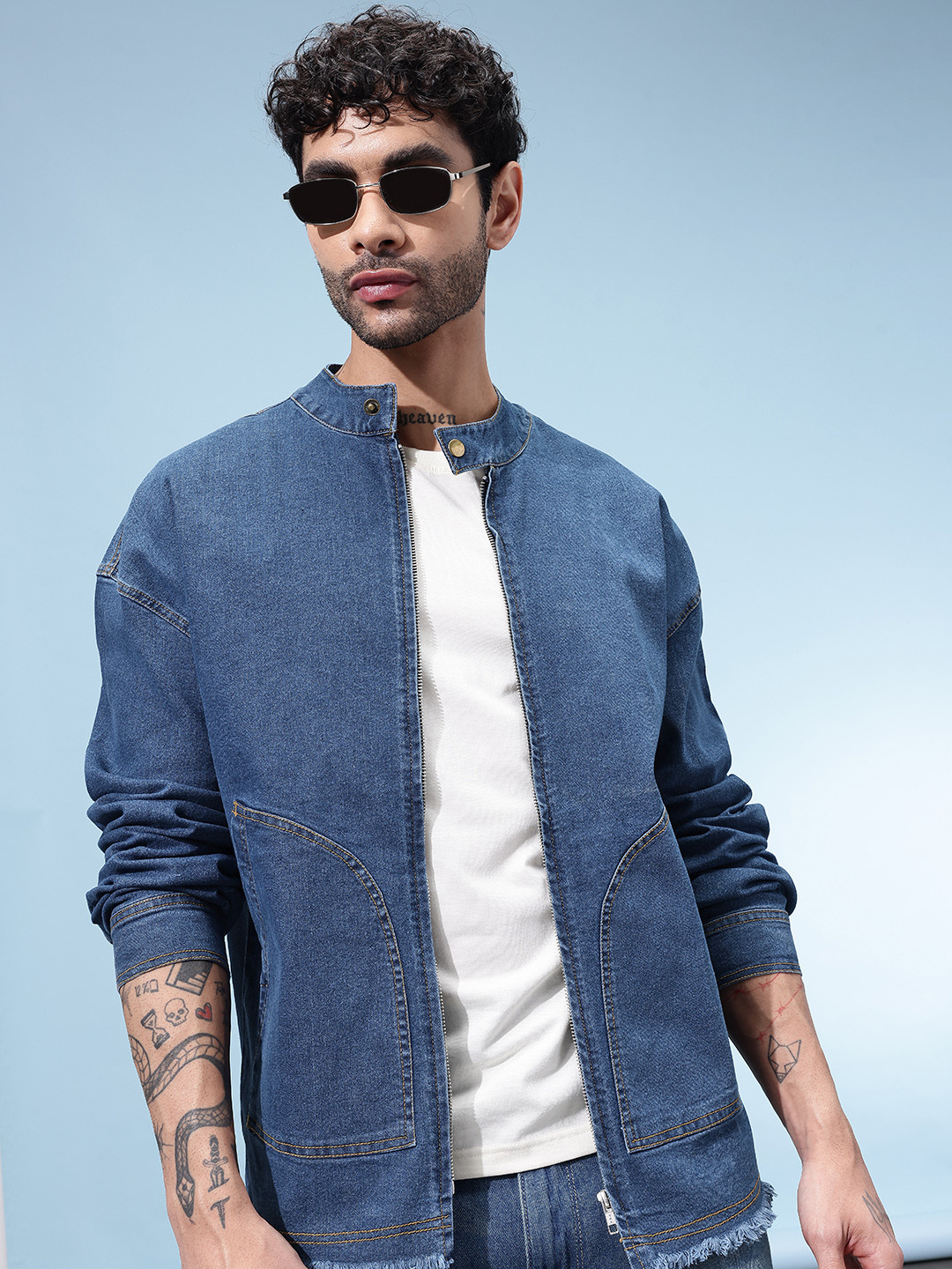 glitchez Mock Collar Drop-Shoulder Sleeves Relaxed Fit Denim Jacket with Frayed Hem