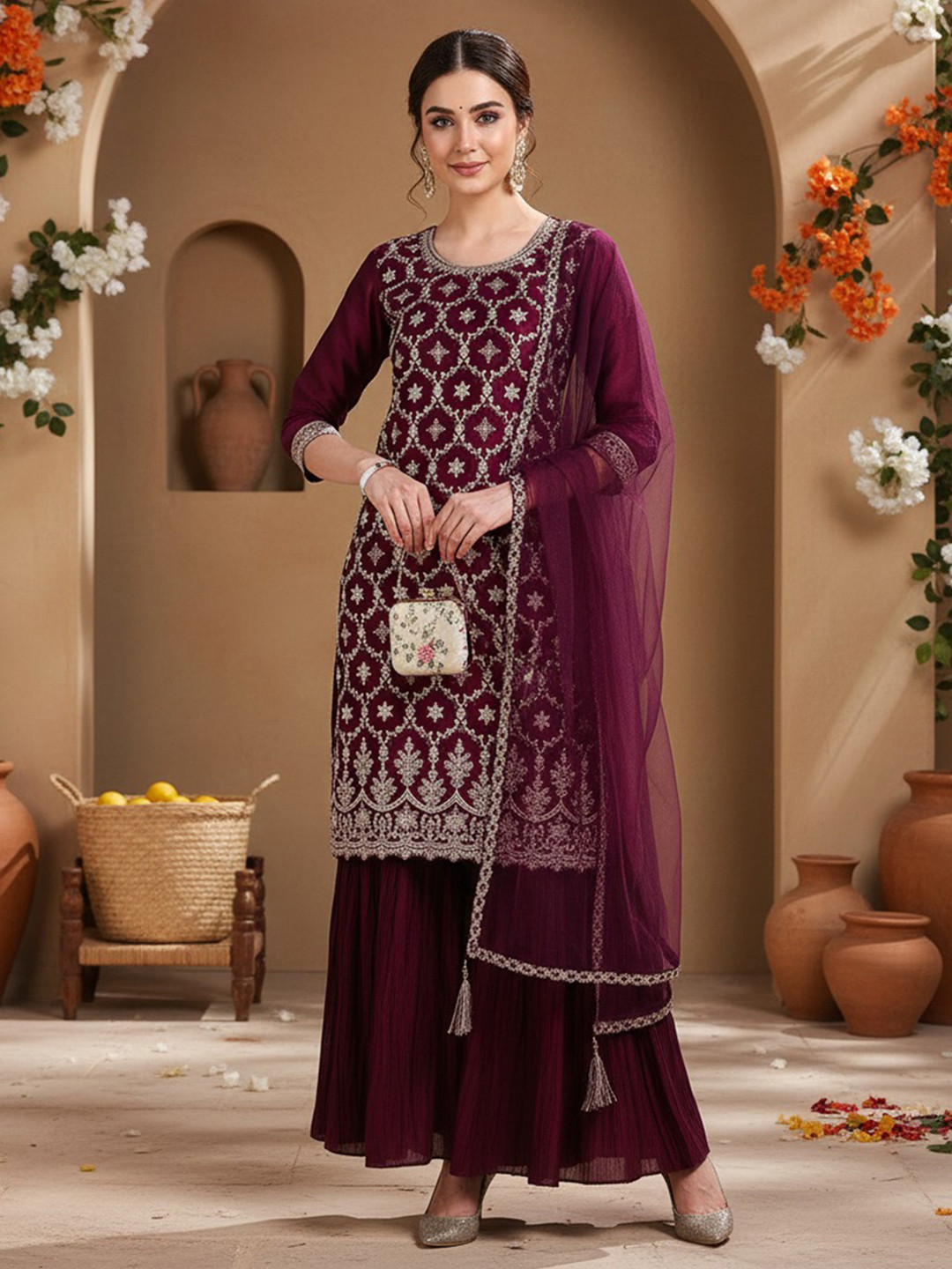 AHIKA Burgundy Ethnic Motifs Embroidered Kurta With Sharara & Dupatta