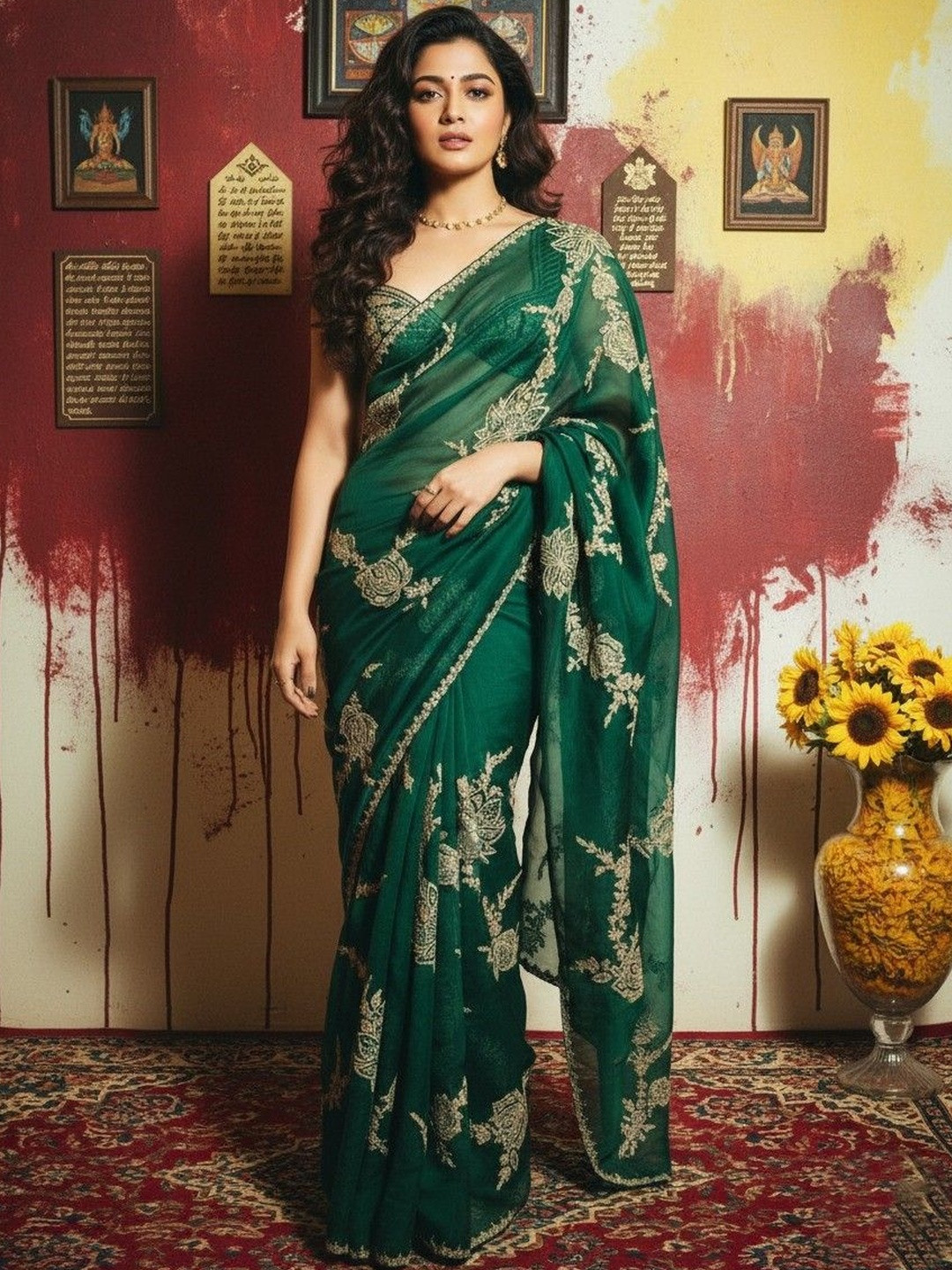 krisha fashion Floral Embroidered Organza Heavy Work Saree
