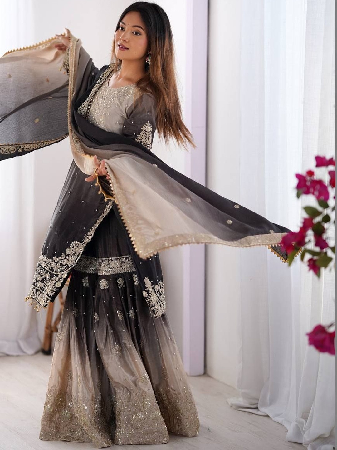 SWORNY FASHION Women Ombre Embroidered Regular Gotta Patti Kurta with Palazzos & With Dupatta