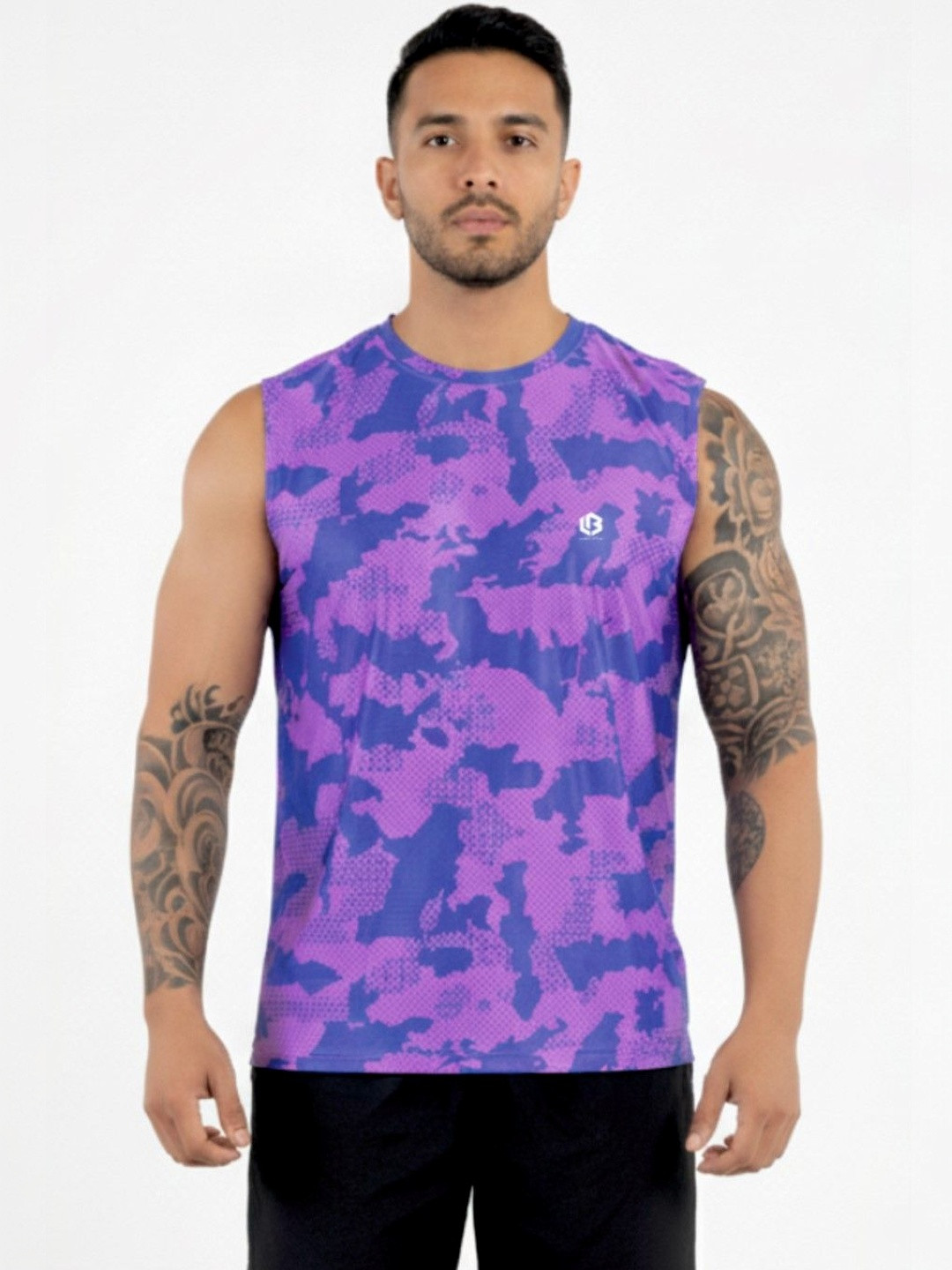 UNBEATEN Purple Solid Round Neck Sleeveless Gym T-Shirt of Unbeaten
