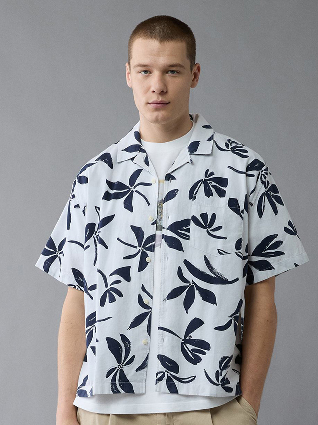 AMERICAN EAGLE OUTFITTERS Printed Spread Collar Cotton Linen Casual Shirt
