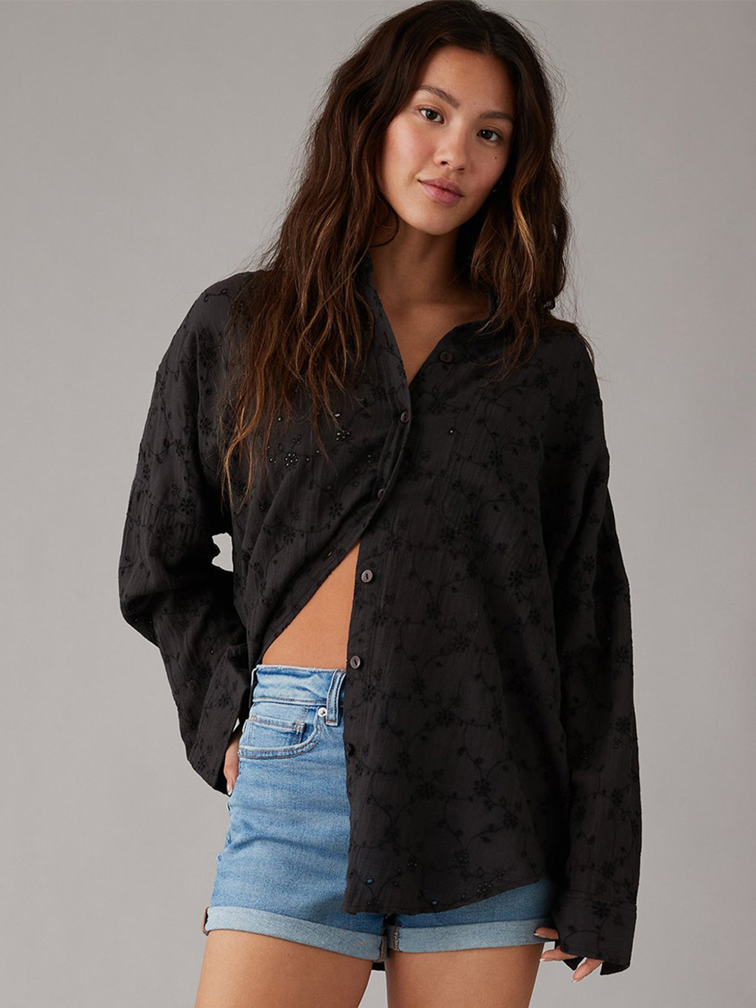 AMERICAN EAGLE OUTFITTERS Floral Schiffli Self Design Spread Collar Casual Oversized Shirt