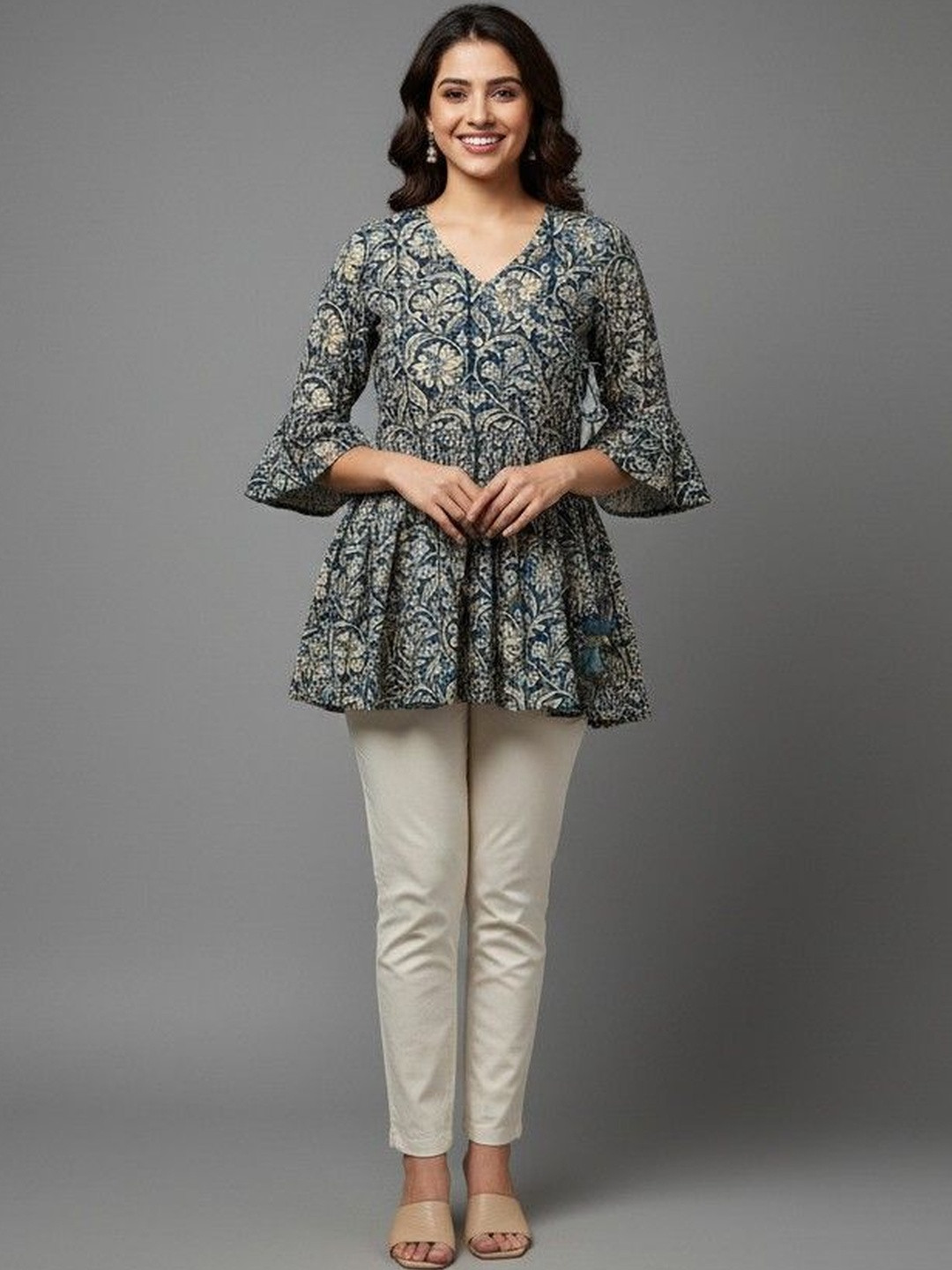 DIGITAL SHOPEE Botanical Printed V-Neck Pure Cotton Kurti