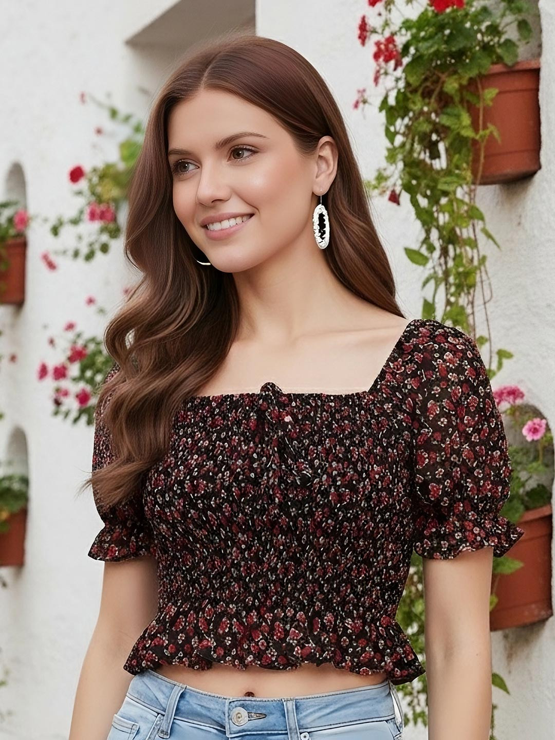 Berrylush Black Floral Smocked Crepe Blouson Crop Top