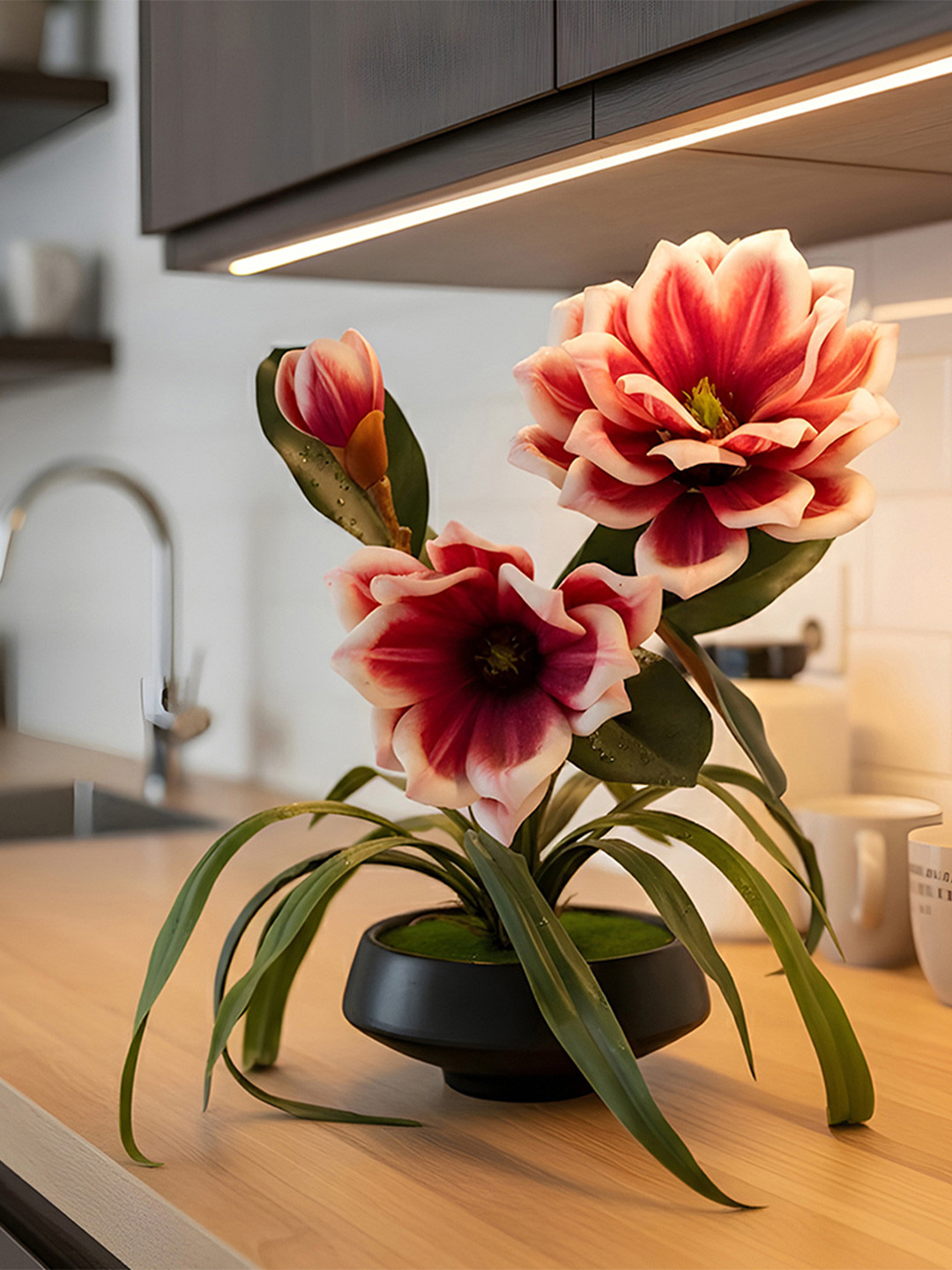 AARVI DECOR STUDIO Red & Green Magnolia Artificial Flower With Pot