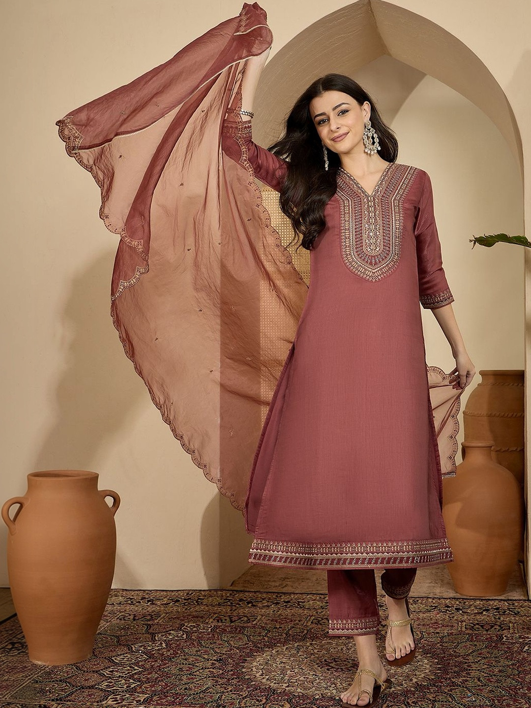 Sangria Embroidered V-Neck Kurta & Trousers With Dupatta