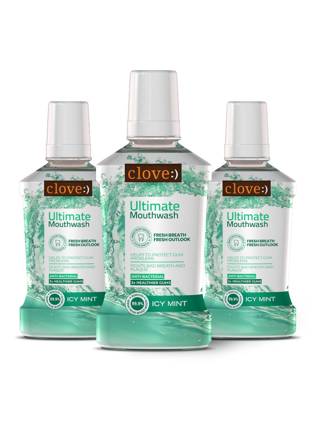 Clove Oral Care Pack Of 3 Ultimate Cool Mint Antibacterial Mouthwash - 250 ml