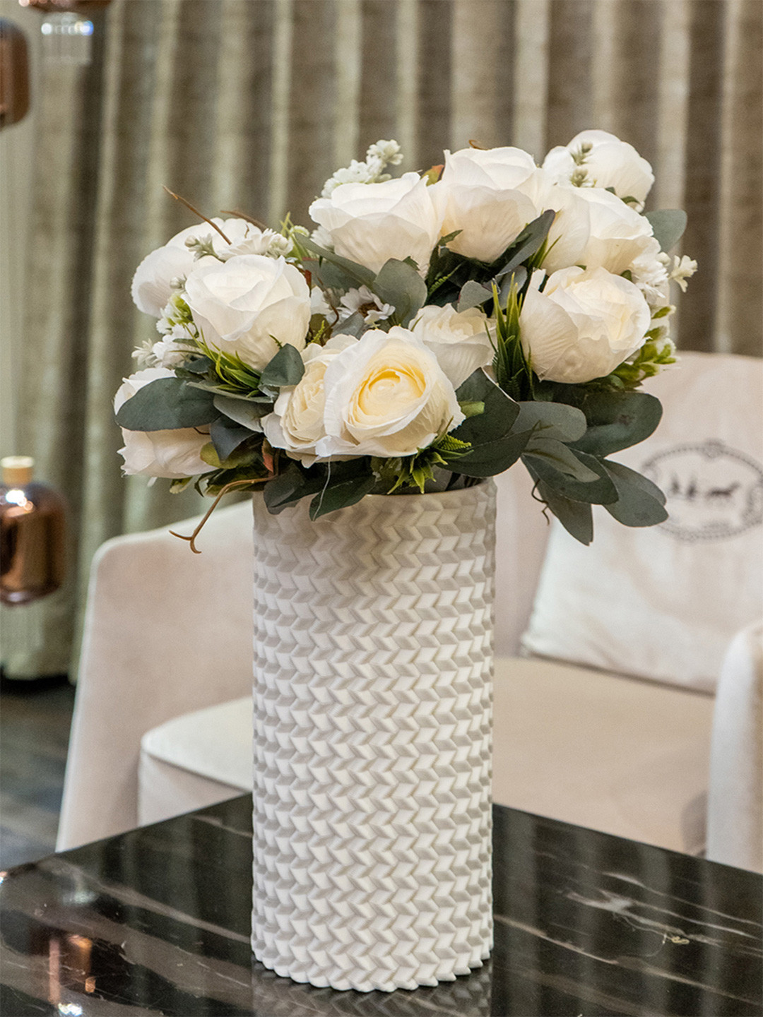 AARVI DECOR STUDIO White & Green Rose Silk Bunch Artificial Flower