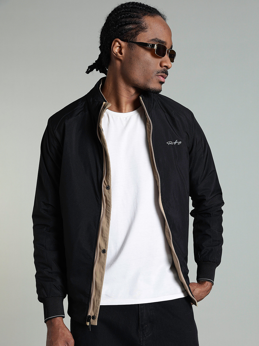 Roadking Men Mock Collar Solid Reversible Bomber Jacket