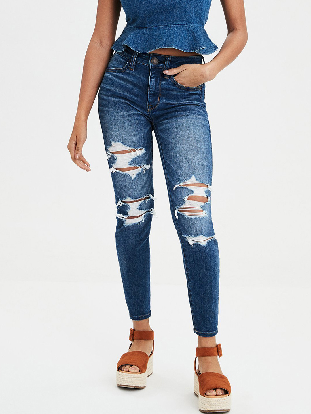 AMERICAN EAGLE OUTFITTERS Women Blue Ribbed High-Waisted Jegging