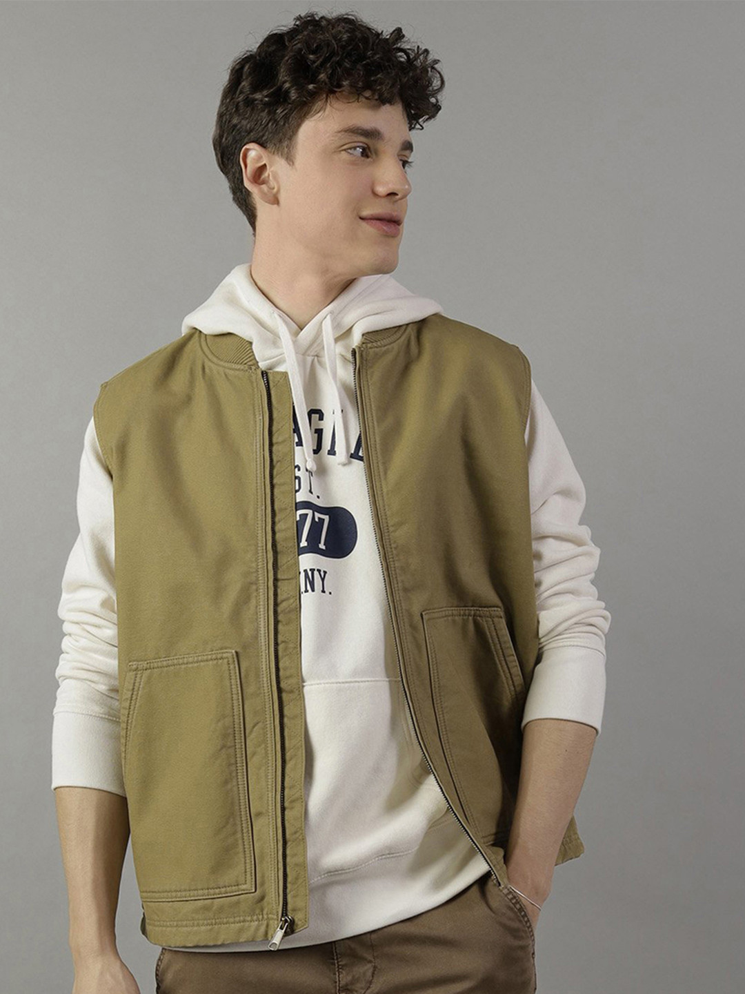 AMERICAN EAGLE OUTFITTERS Mandarin Collar Pure Cotton Open Front Jacket