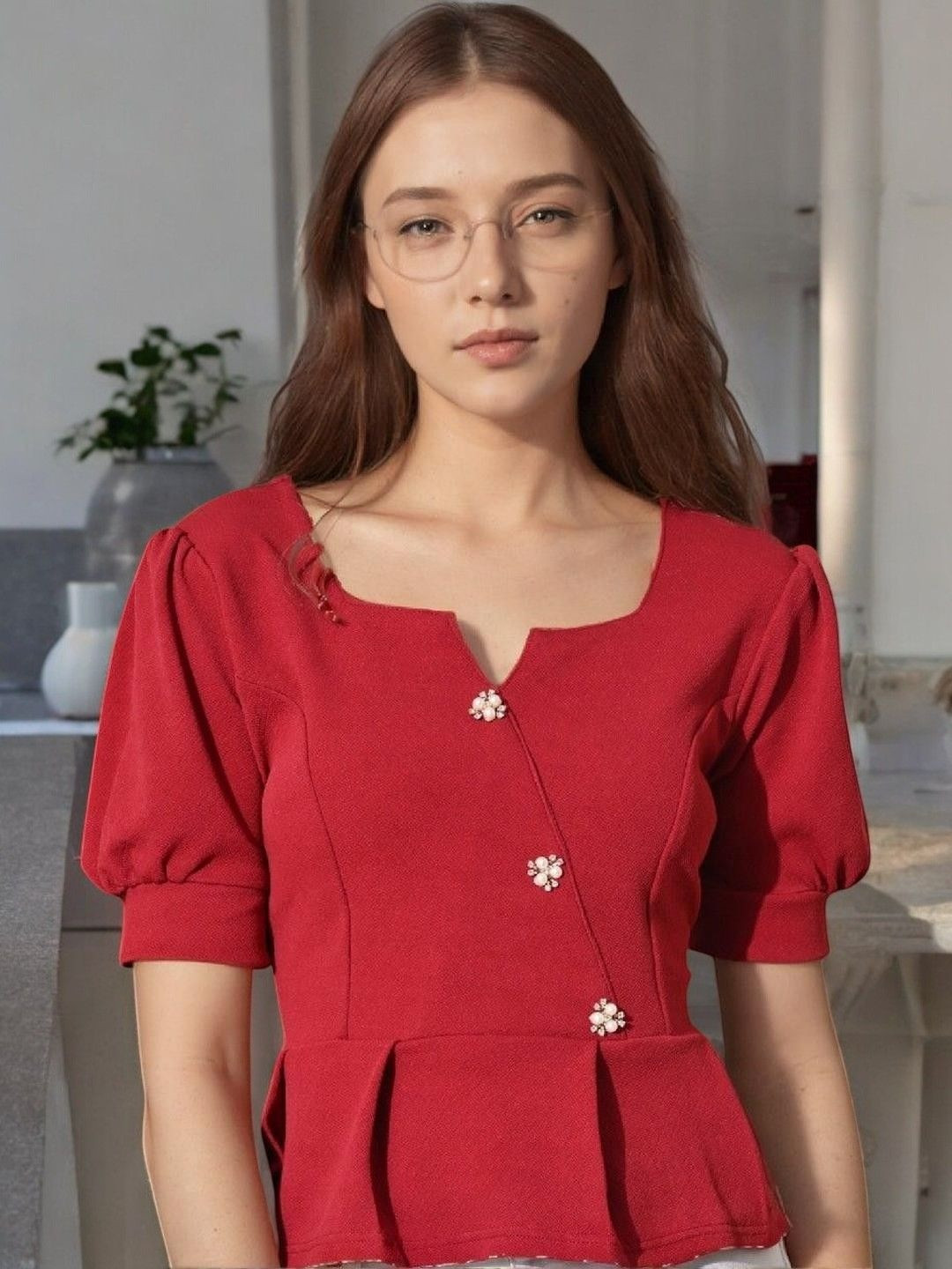 ZEUGEN Puff Sleeve Peplum Top