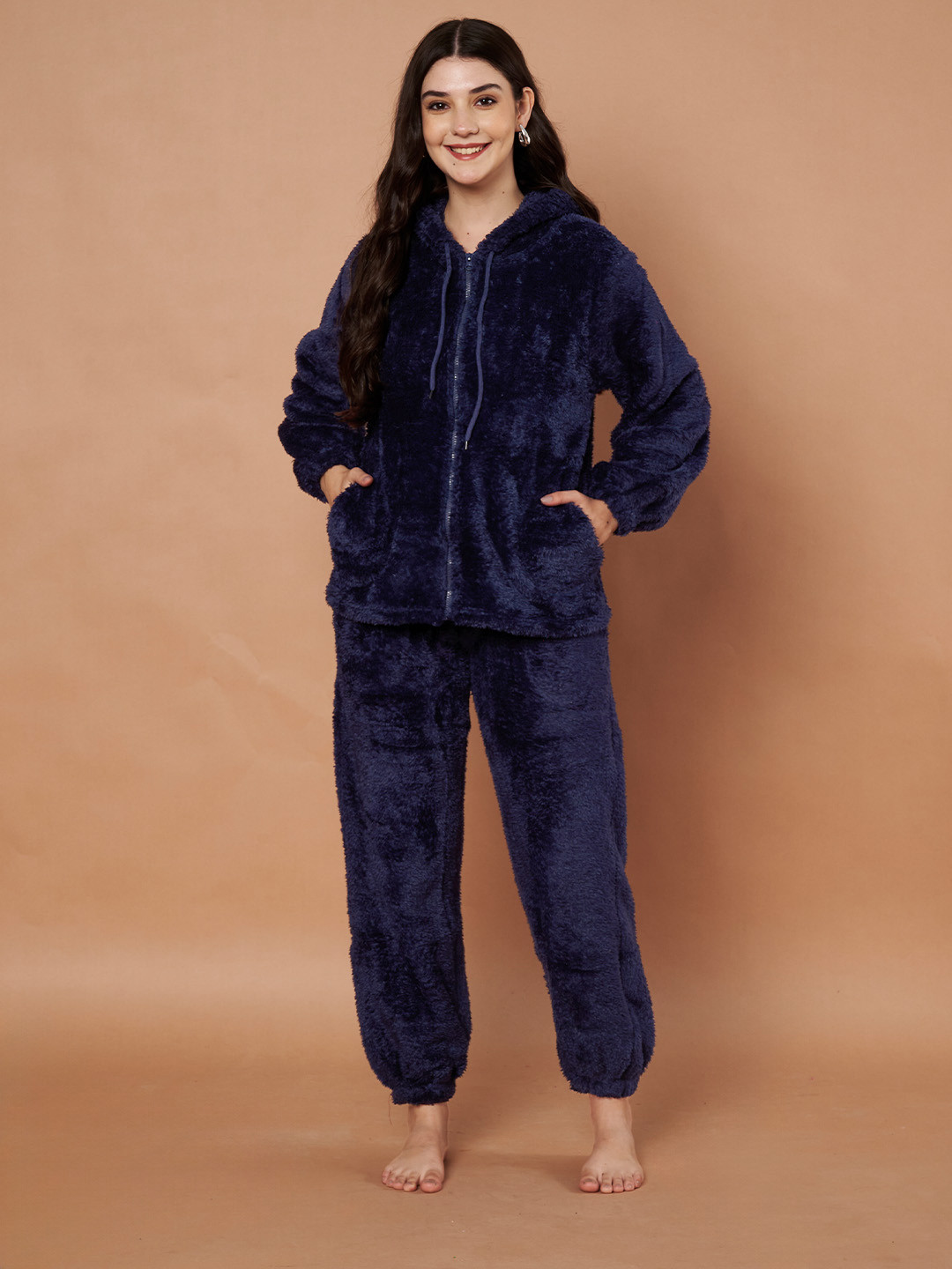 Secret Wish Women Faux Fur Hooded  Night suit