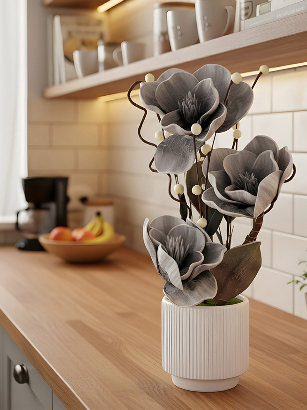 AARVI DECOR STUDIO Grey 1 Pieces Blossom Artificial Flower With Pot