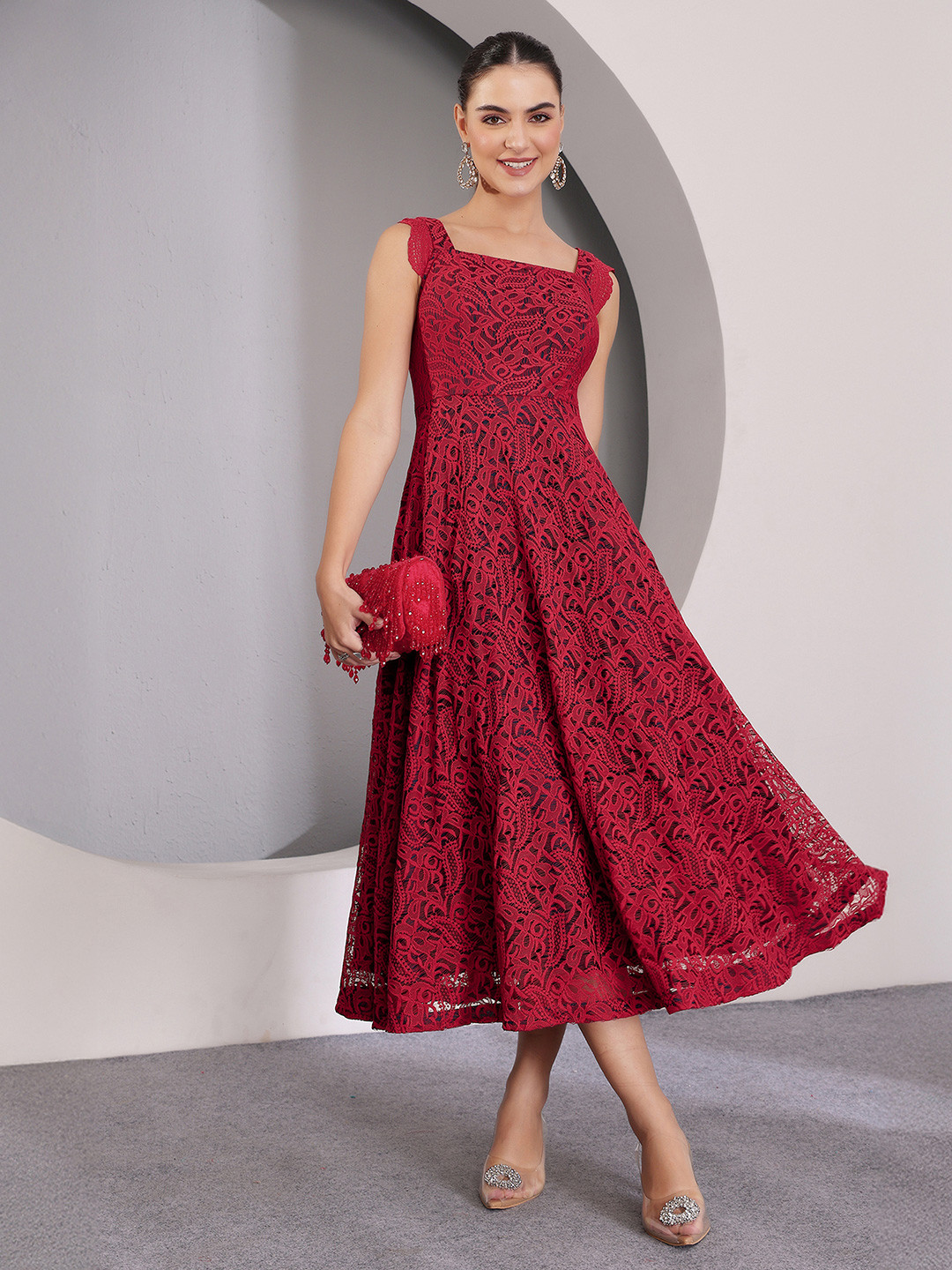 Miss Chase Women Square Neck Sleeveless Self-Designed Ruffled Midi Lace Dress