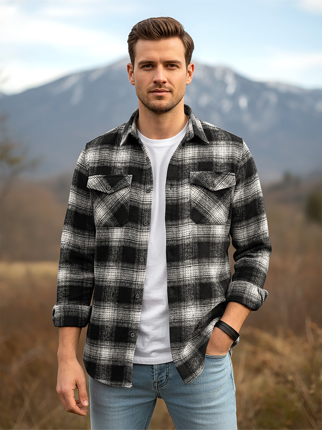 Beyoung Men Checked Spread Collar Flannel Shirt