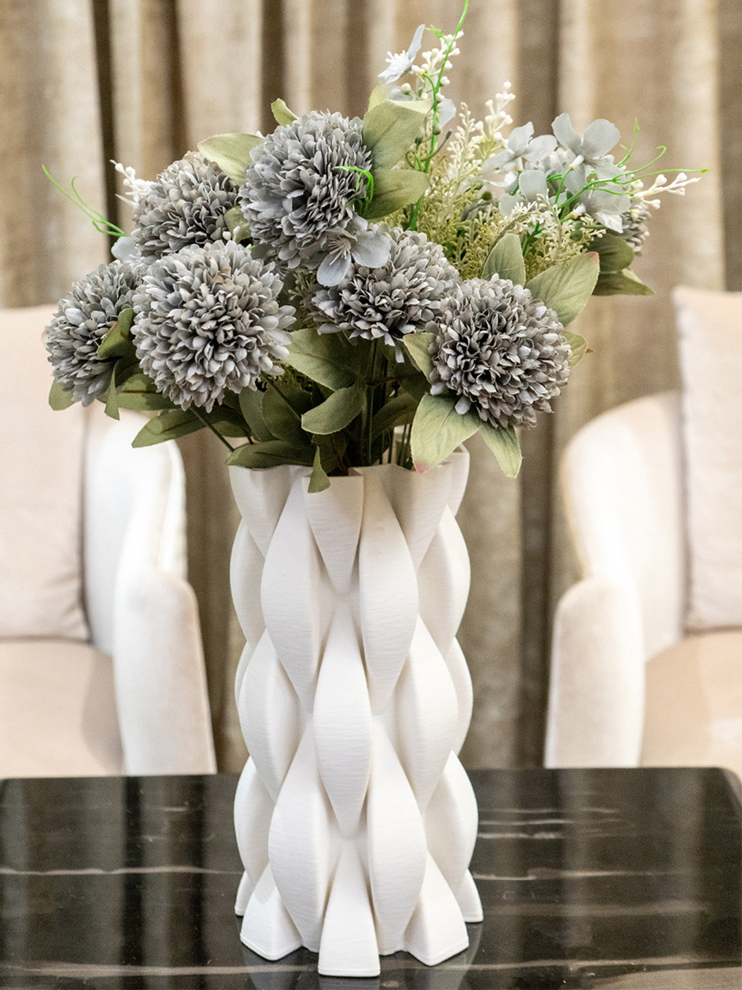 AARVI DECOR STUDIO Grey Chrysanthemums Silk Bunch Single Stem Flower