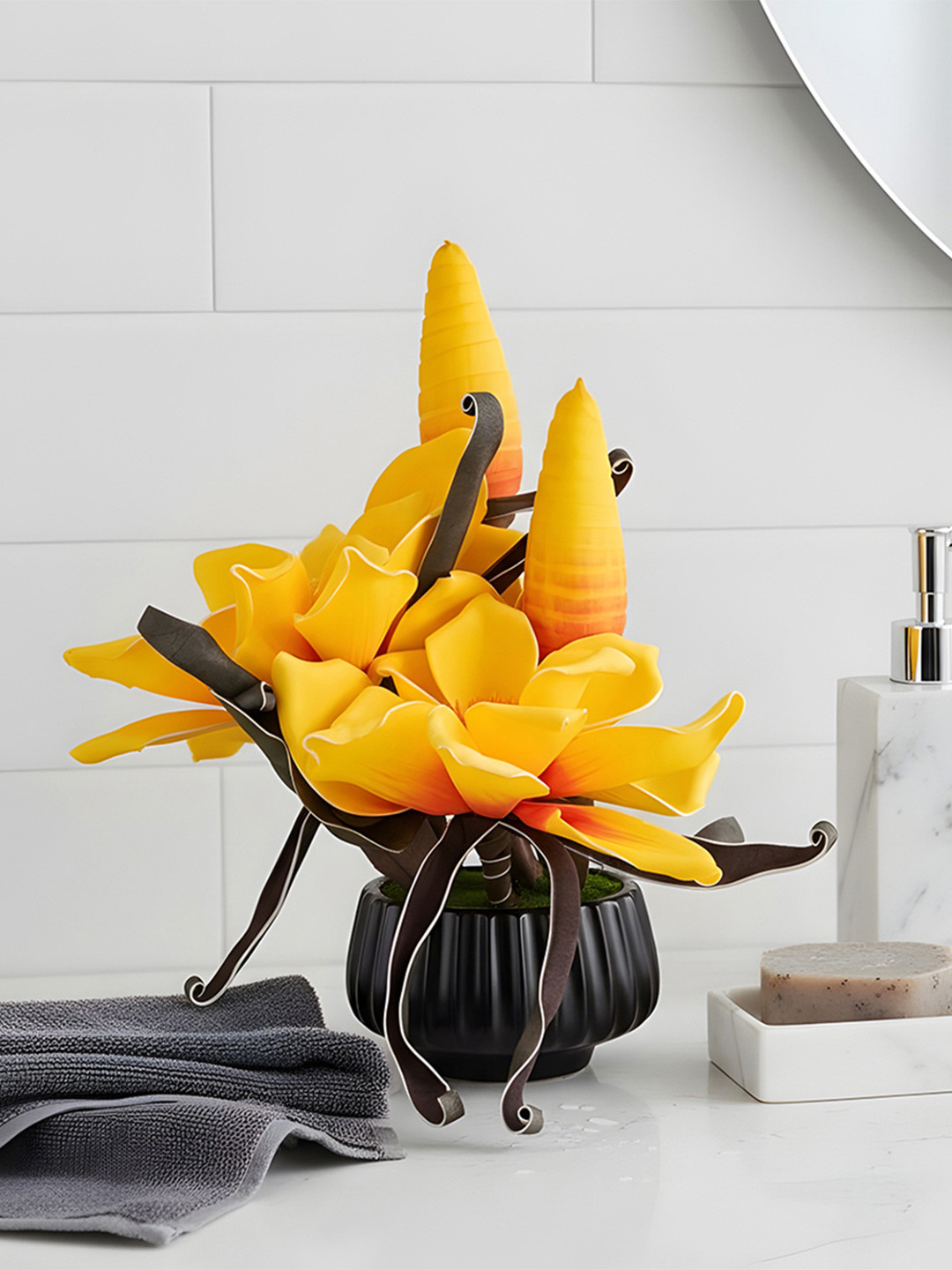 AARVI DECOR STUDIO Yellow Opulent Dawn Magnolia Artificial Flower With Pot