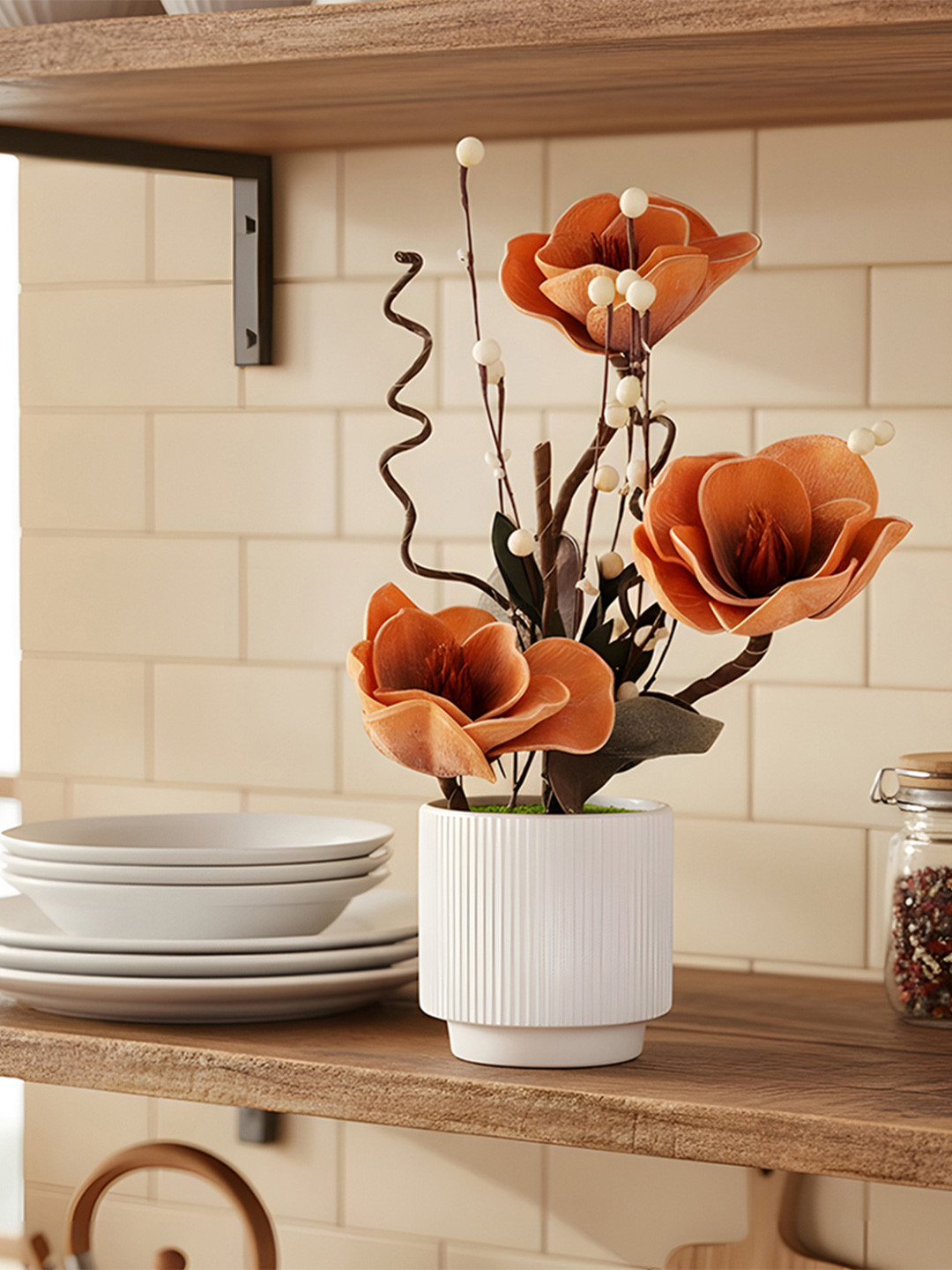 AARVI DECOR STUDIO Orange & White Blossom Artificial Flower With Pot