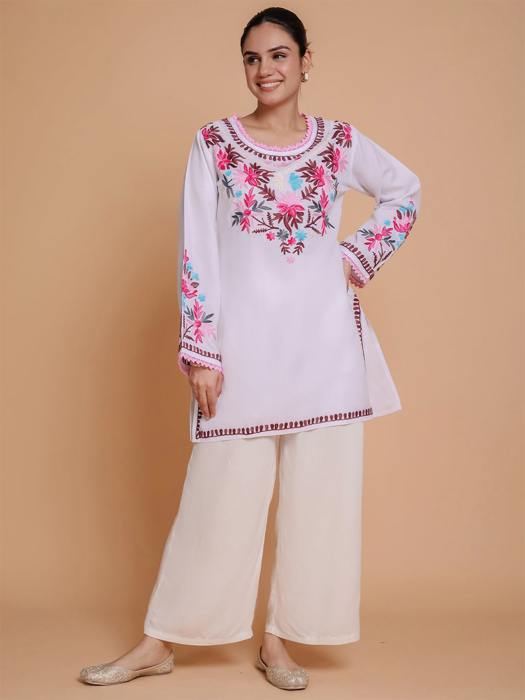HOUSE OF KARI Floral Embroidered Pastels Cotton Straight Kurta