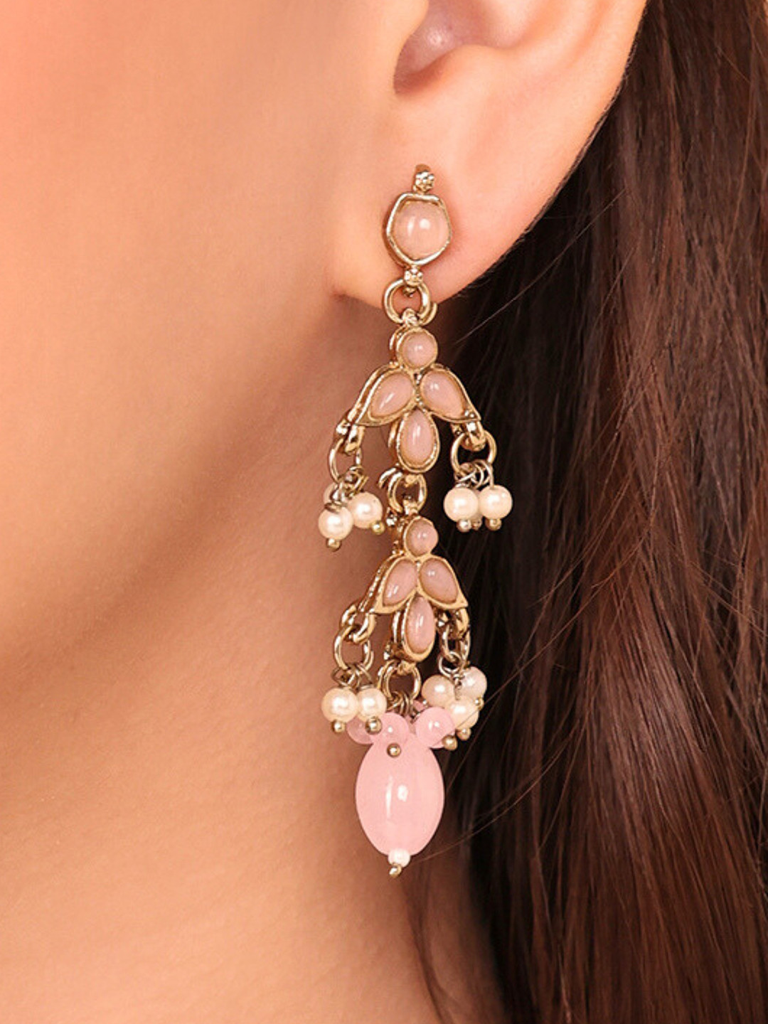 Fida Rose Gold-Plated Quartz Studded & Pearls Beaded Floral Shaped Drop Earrings