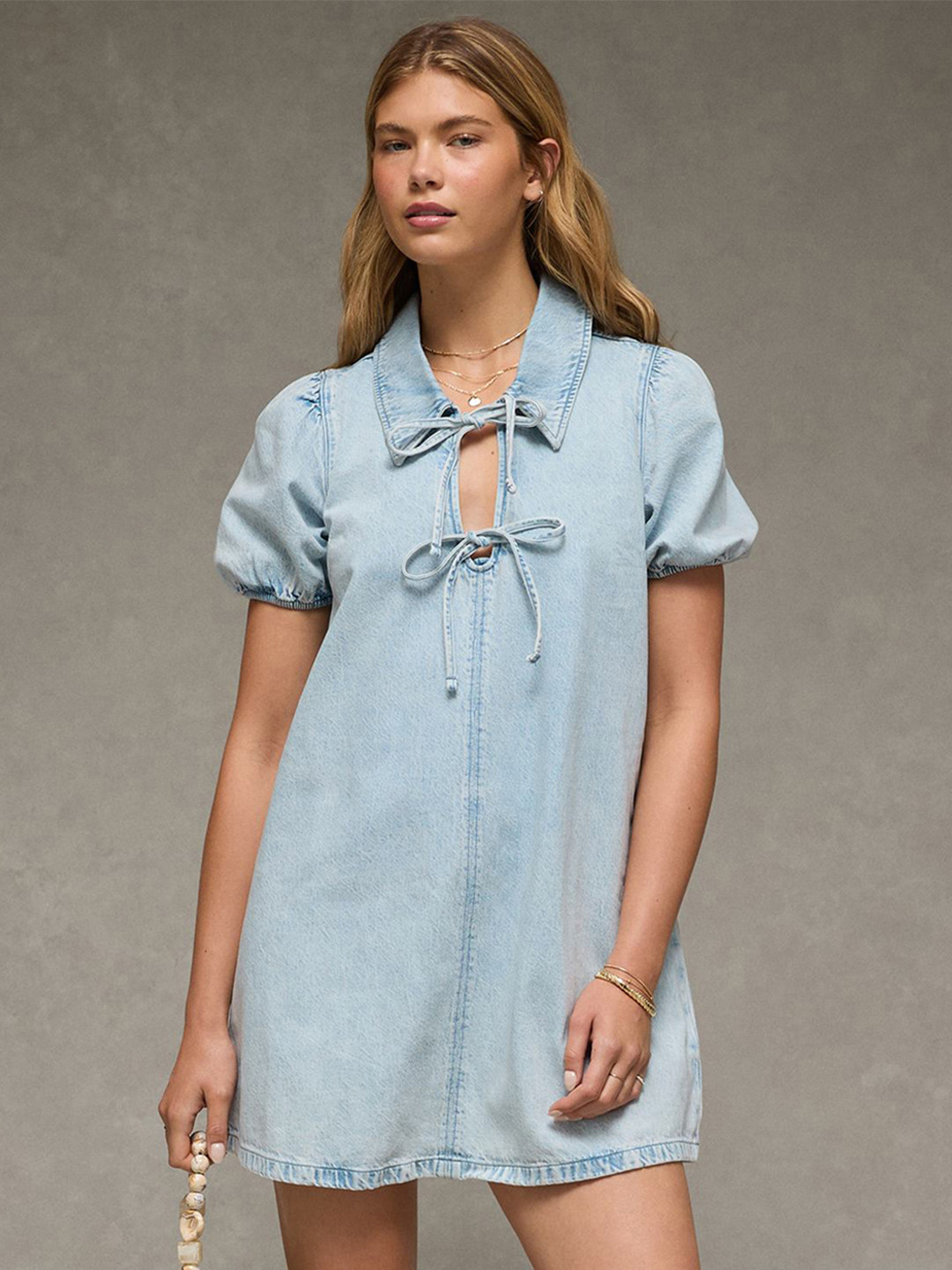 AMERICAN EAGLE OUTFITTERS Shirt Collar Puff Sleeves Tie-Ups Cotton A-Line Mini Dress
