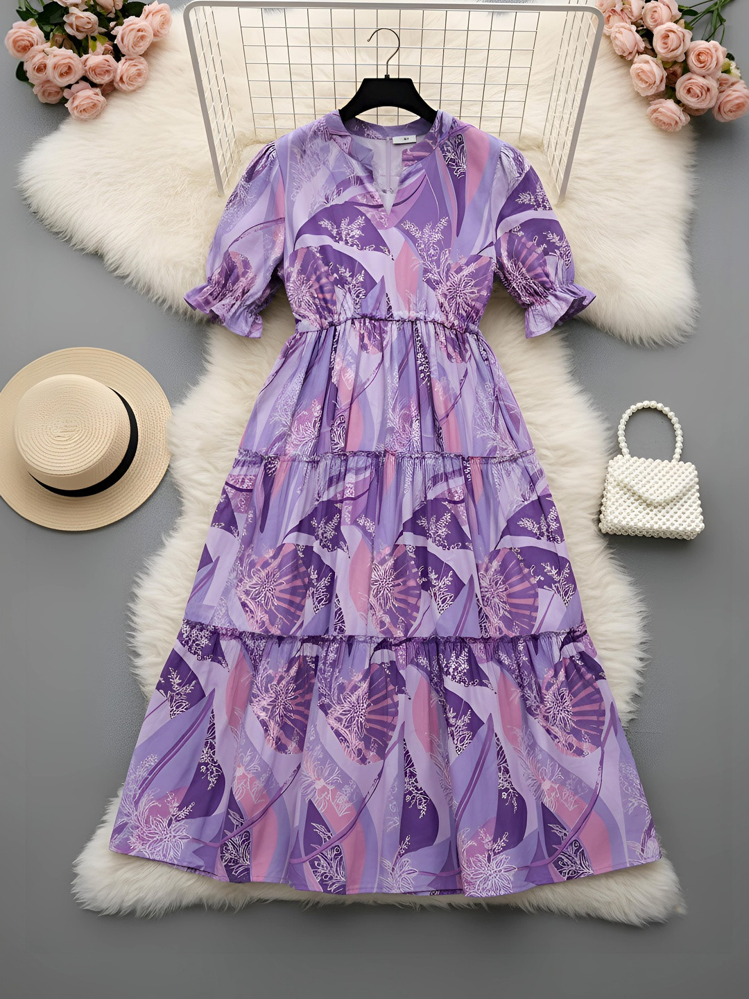 FIXOCRA Floral Print Puff Sleeve Crepe A-Line Maxi Dress
