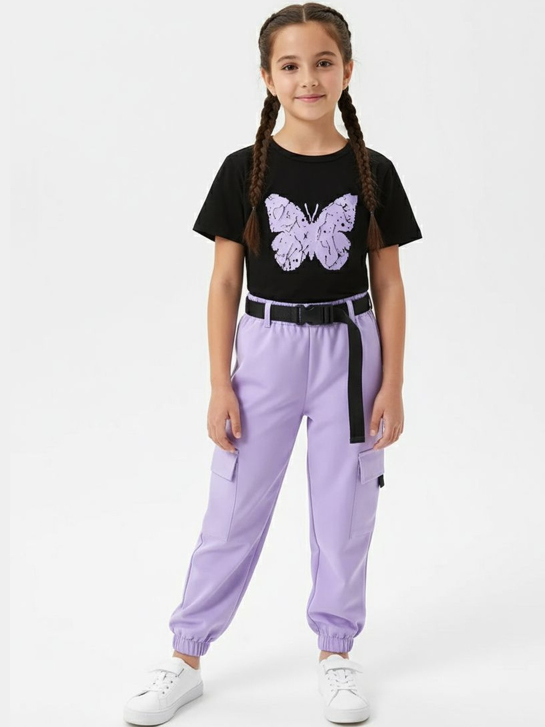 Porpy Girls Printed Top, Joggers & Belt Set