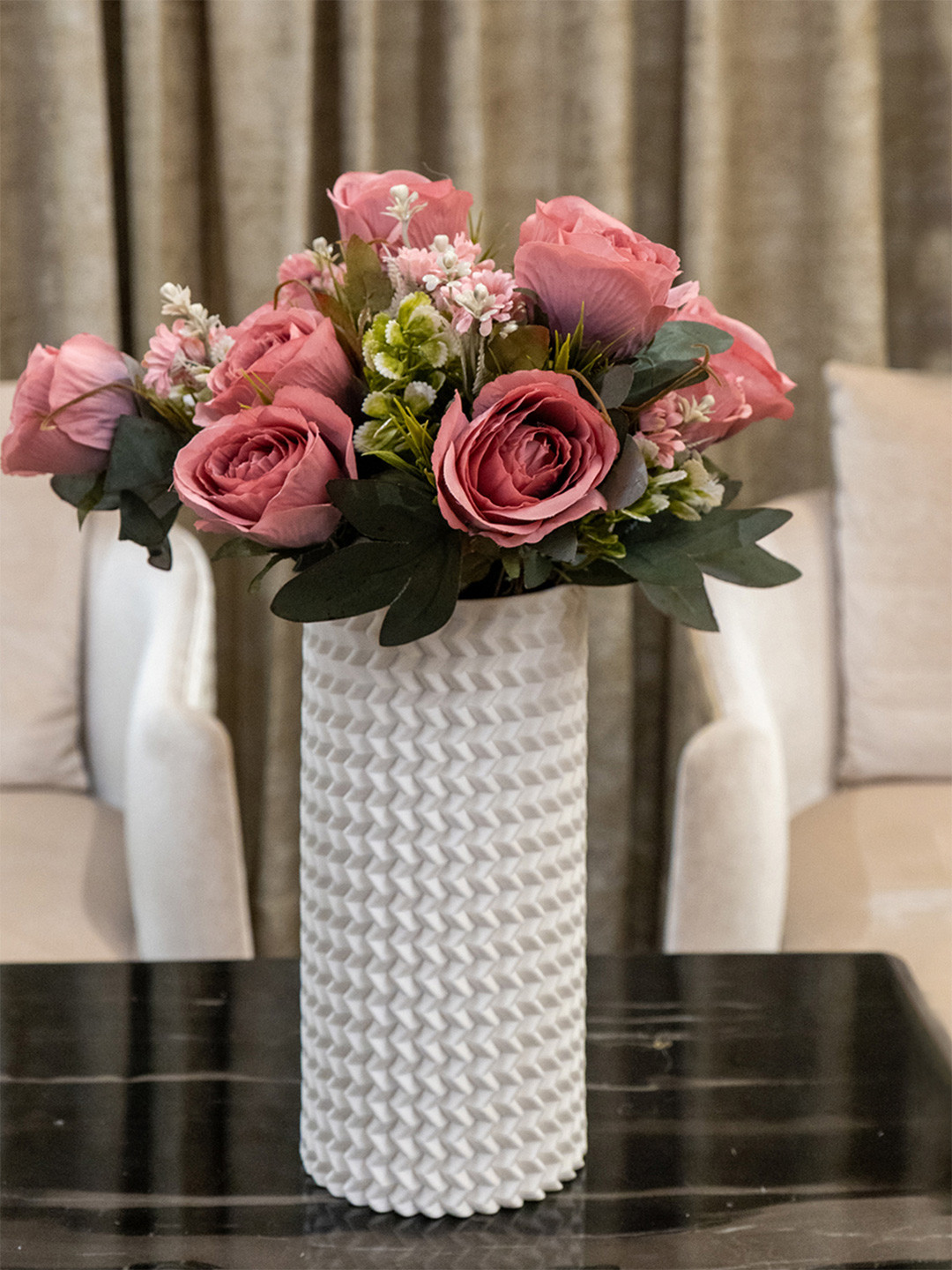 AARVI DECOR STUDIO Pink & Green Rose Silk Bunch Artificial Flower